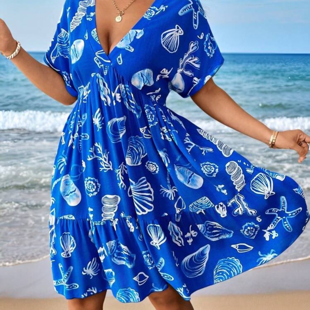 Shein Curve 4XL Ocean Print Dress – Blue White Sea Life
